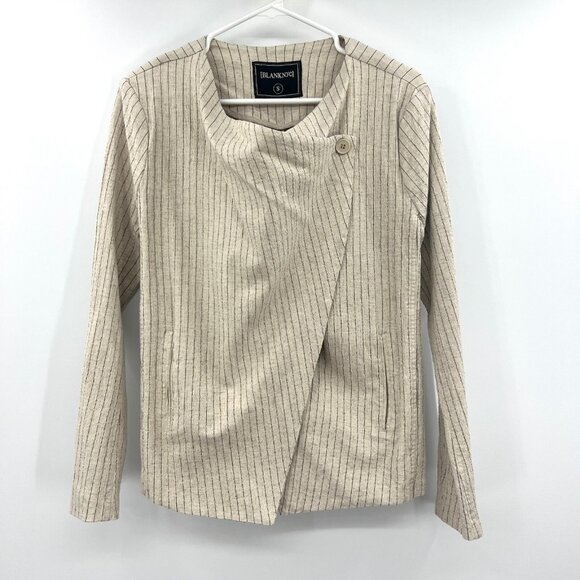 BlankNYC Linen Spandex Beige Black Striped Drape Front Blazer Women's Small - Picture 1 of 5